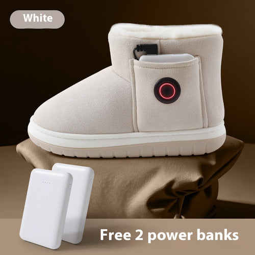 Beige rechargeable heated slipper with power bank in side pocket