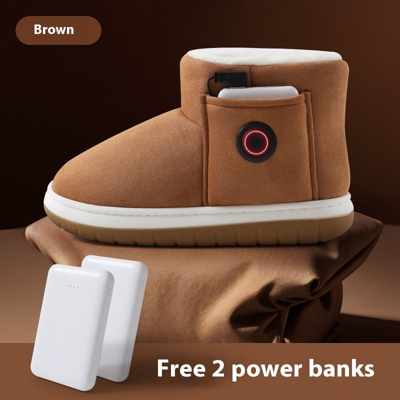 Brown rechargeable heated slipper with power bank in side pocket