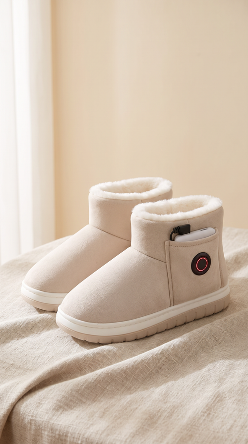 Pair of beige rechargeable heated slippers on a linen cloth