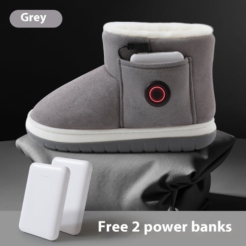 Gray rechargeable heated slipper with power bank in side pocket