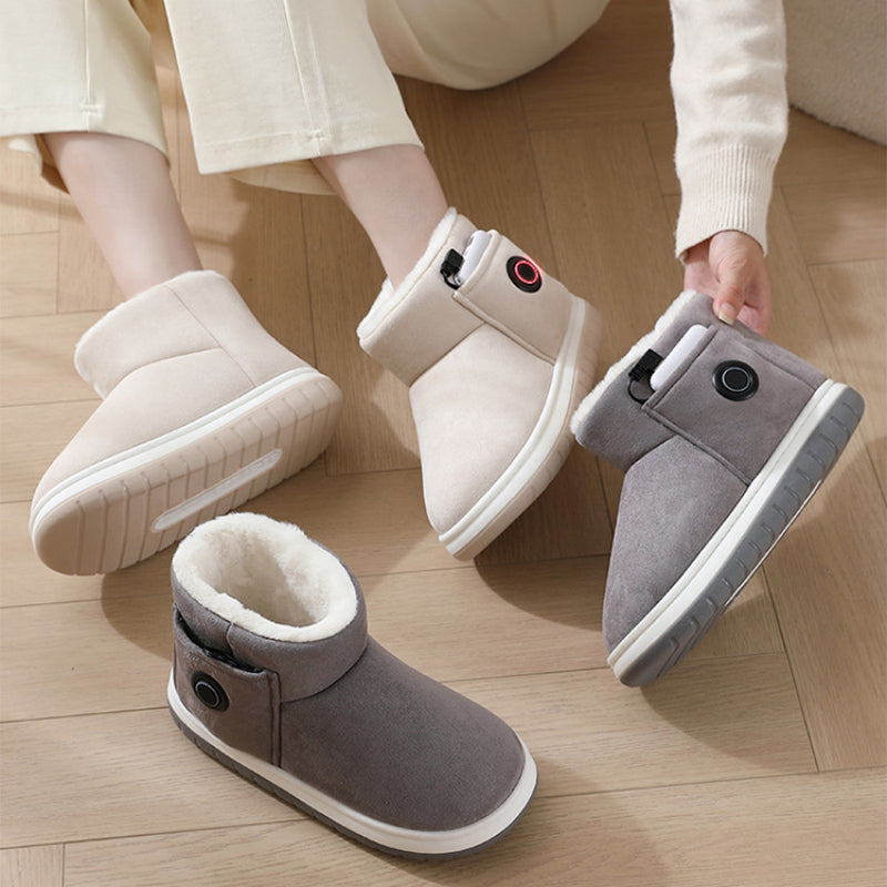 Heated slippers being worn indoors, gray and beige
