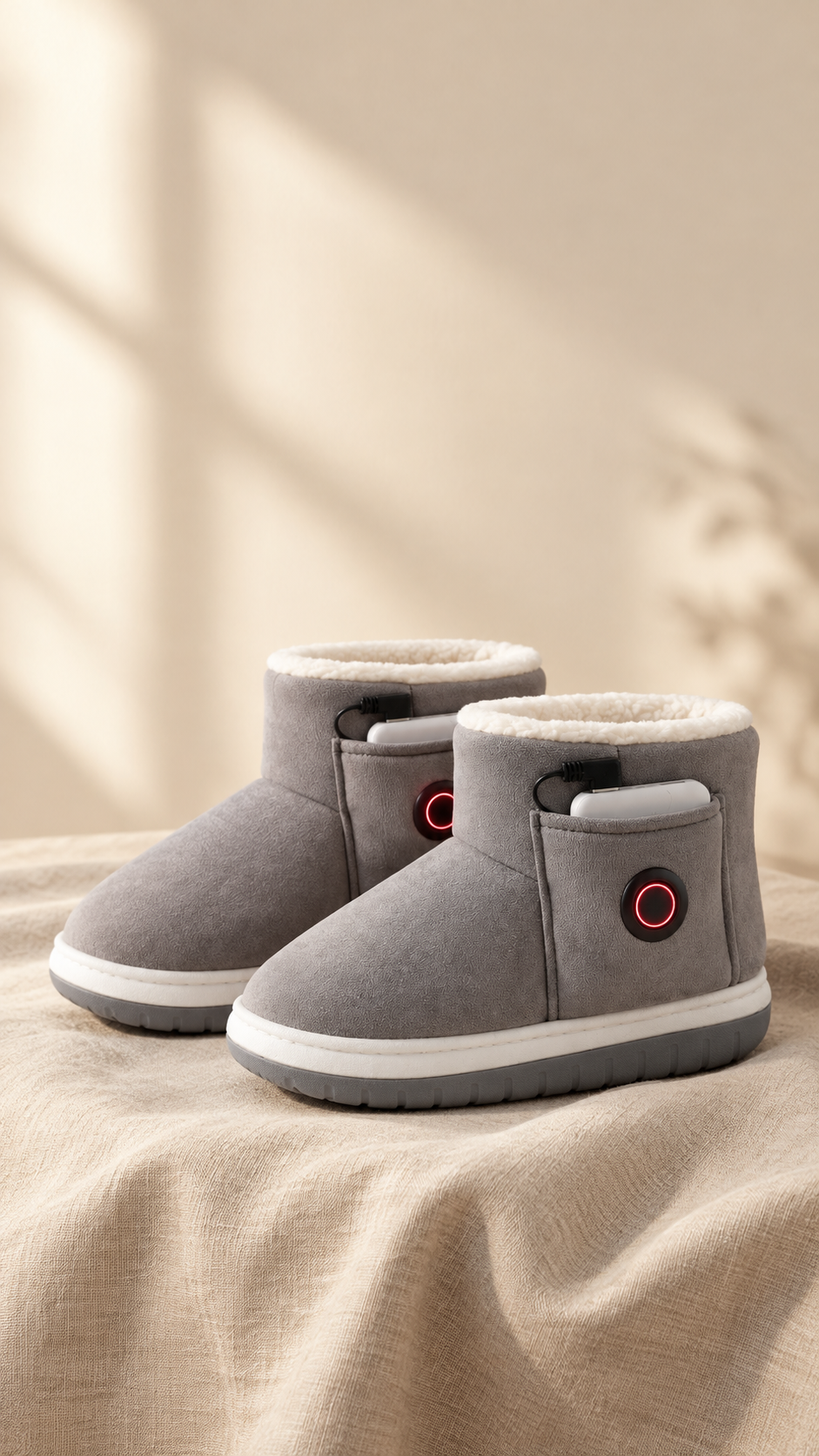 Pair of gray rechargeable heated slippers on a linen cloth
