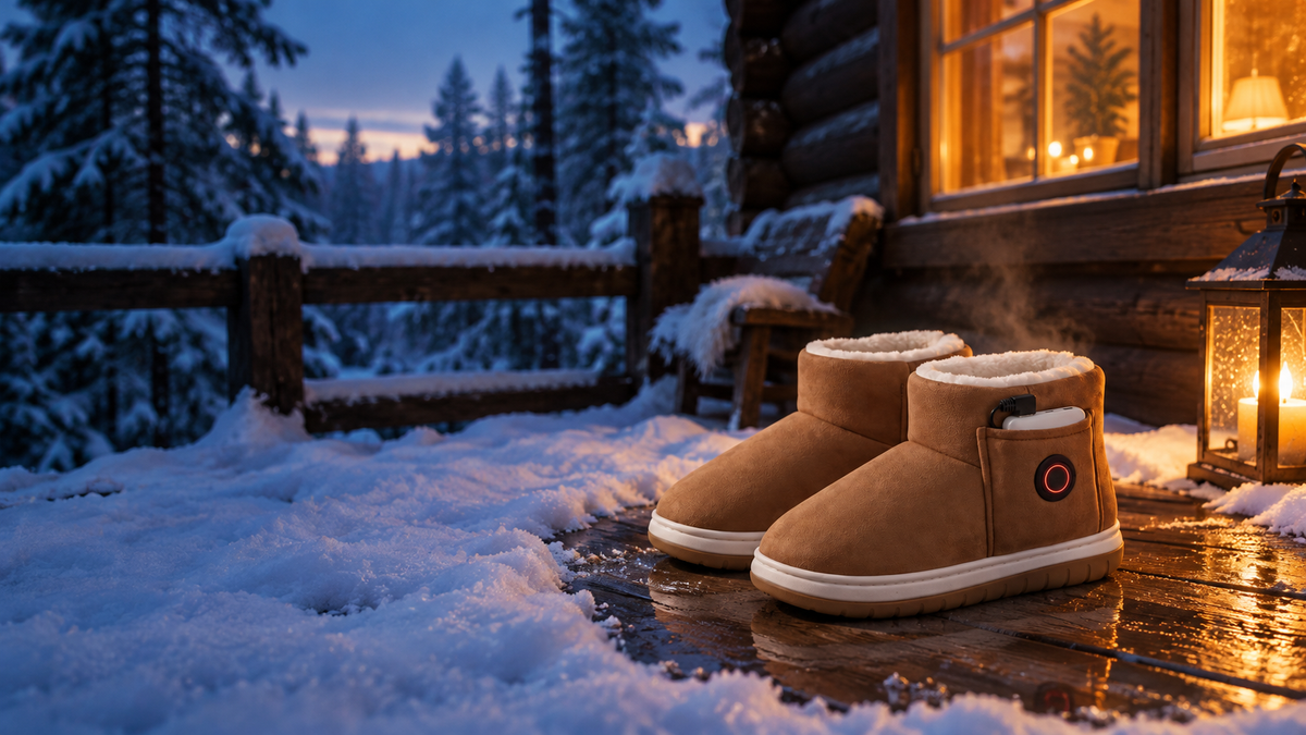 Toastoes heated slippers on a snowy cabin porch, snow melted around them