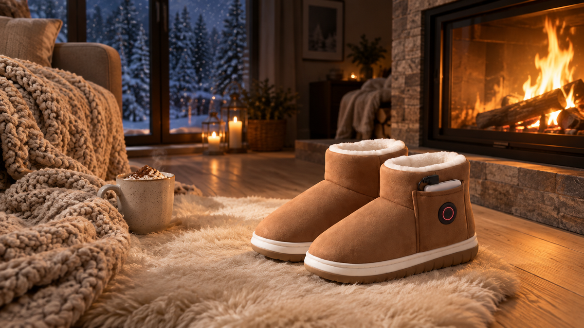 Toastoes brown heated slippers on a sheepskin rug by a cozy fireplace
