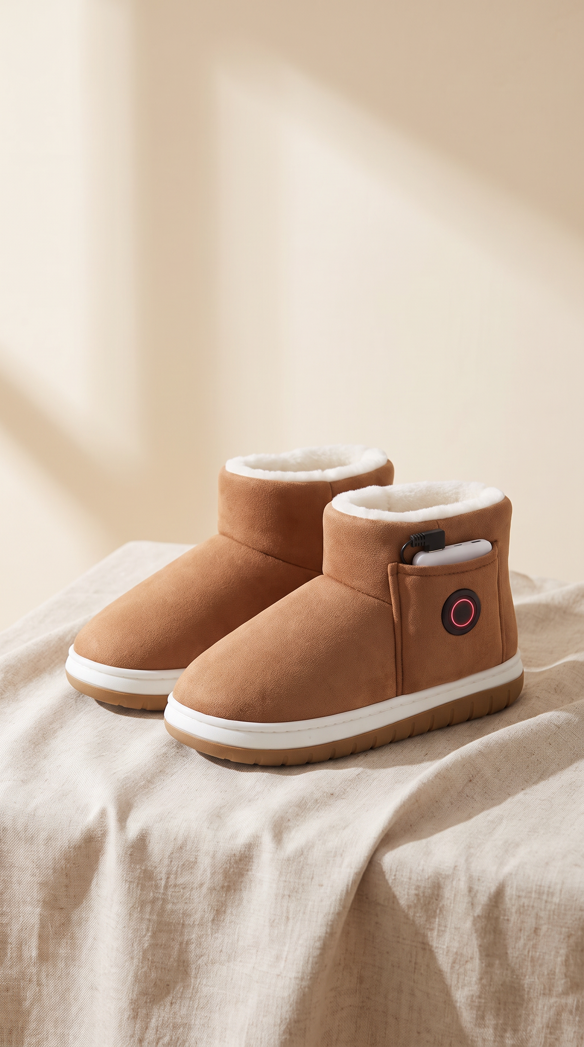 Pair of brown rechargeable heated slippers on a linen cloth
